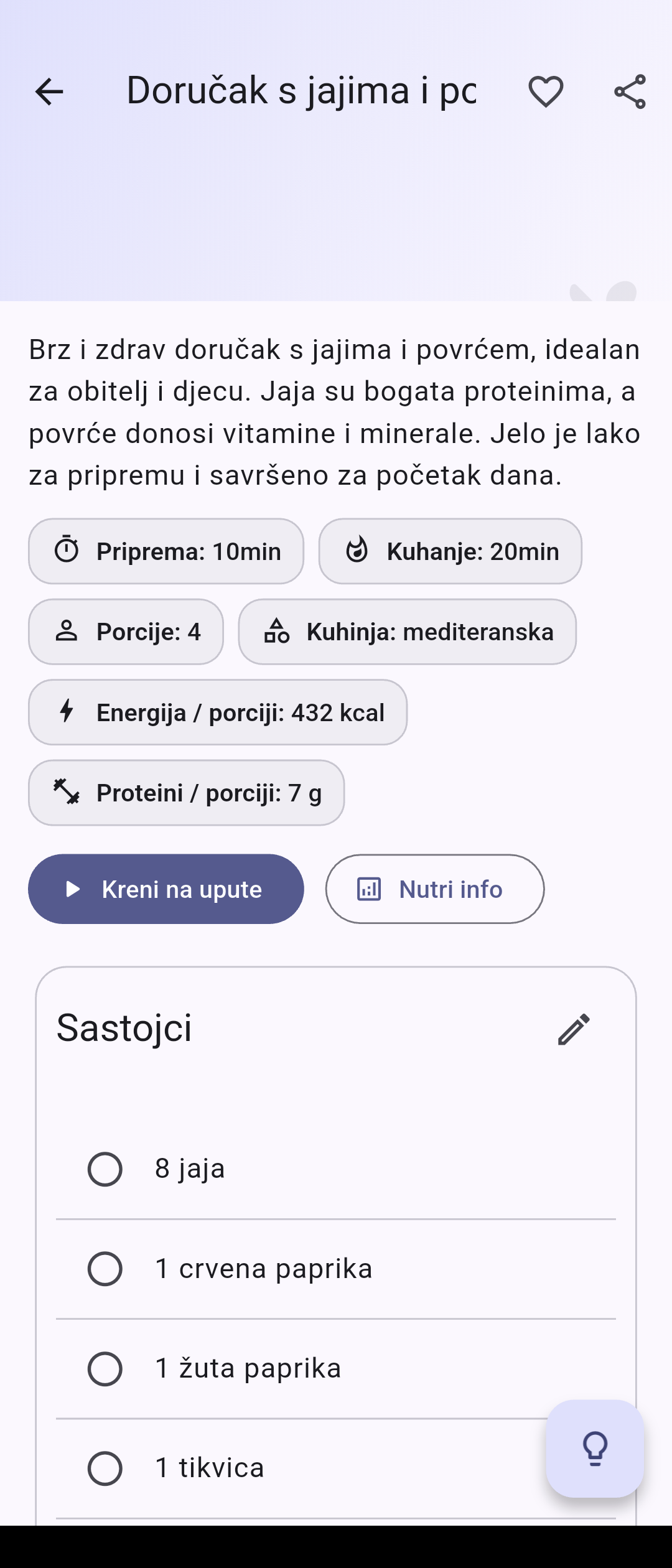 Glavni ekran Blitva aplikacije za planiranje obroka