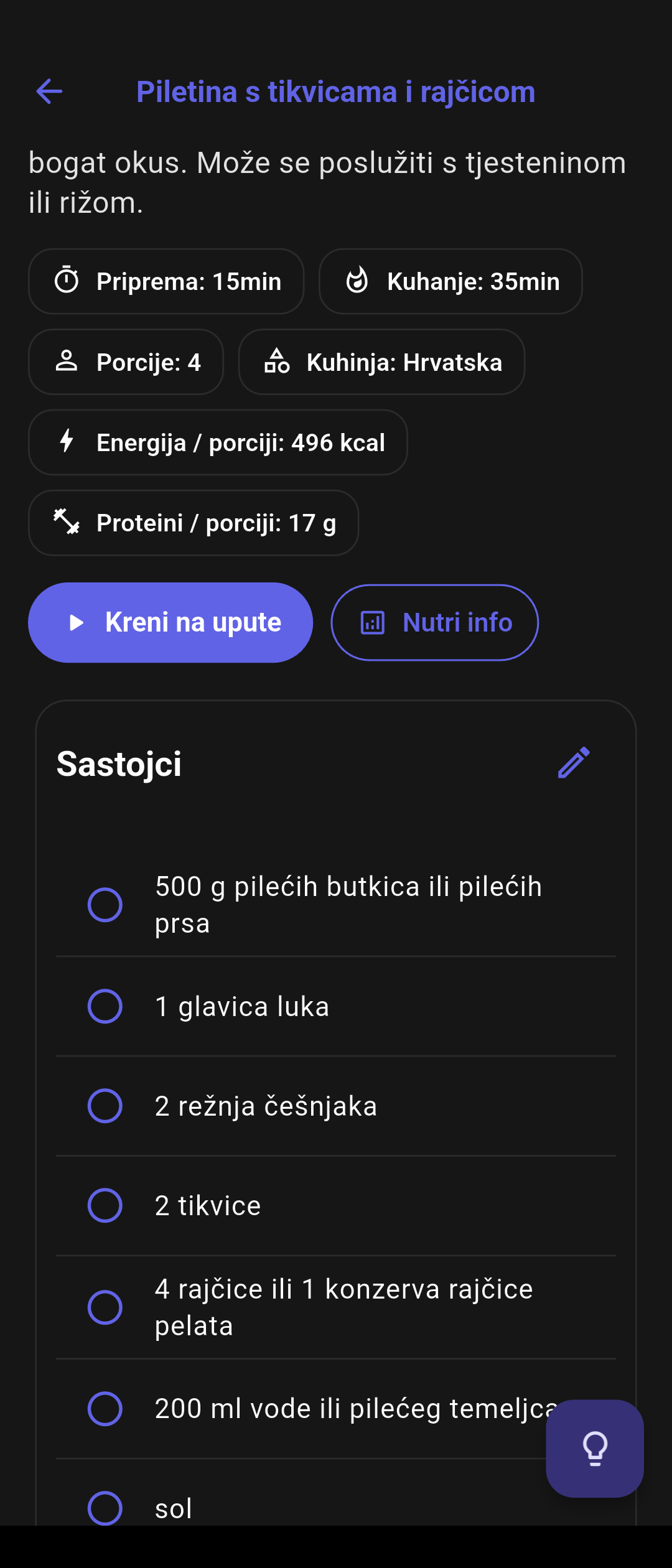 Blitva aplikacija - popis sastojaka