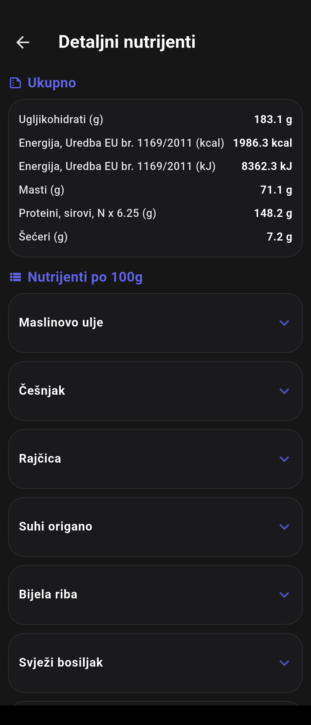 Blitva aplikacija - detaljni nutrijenti