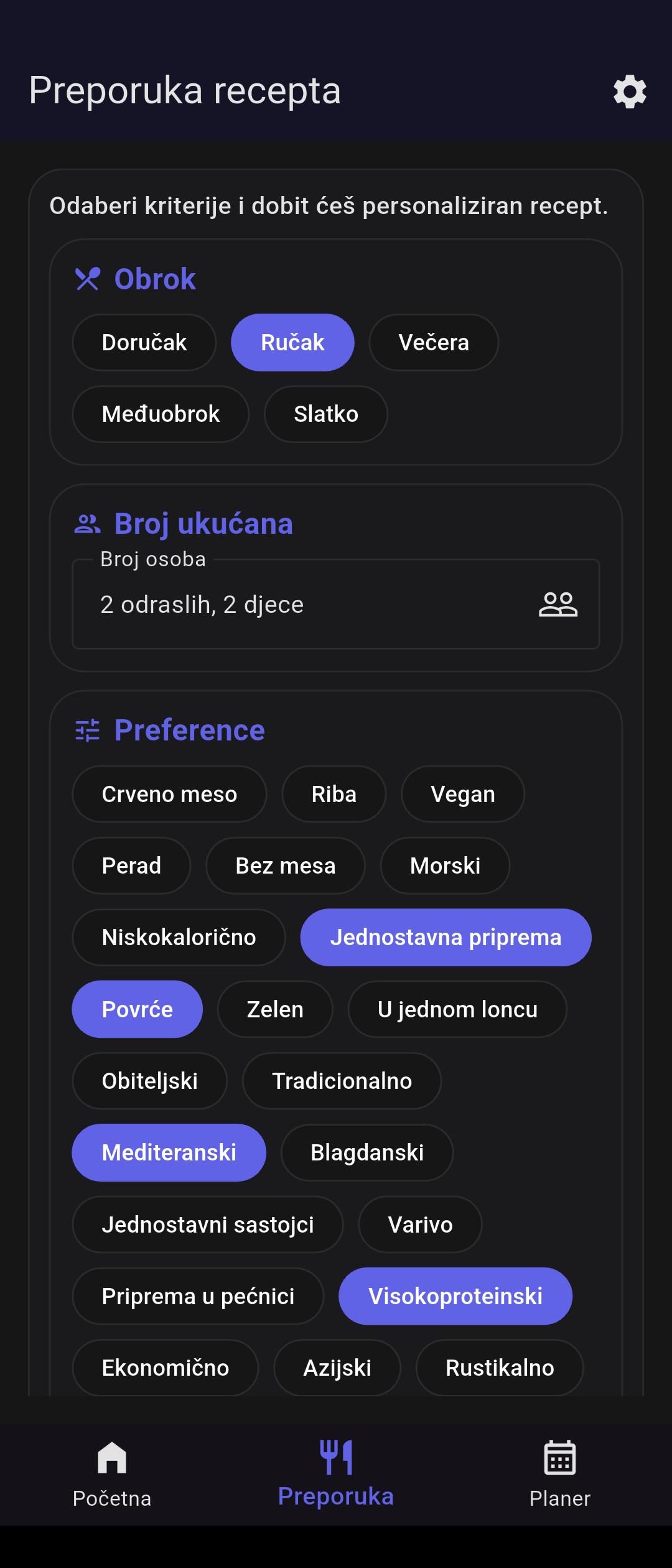 Blitva aplikacija - kriteriji za preporuku recepta