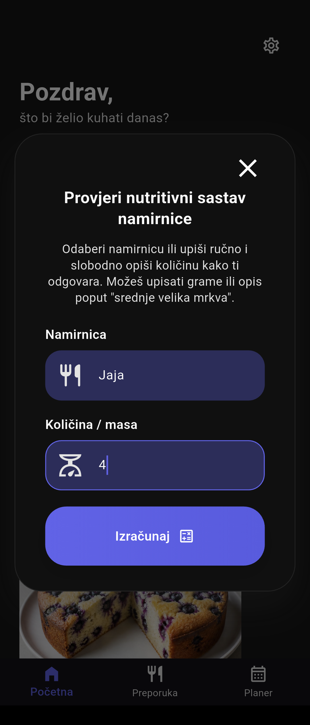 Blitva aplikacija - izračun nutrijenata namirnice