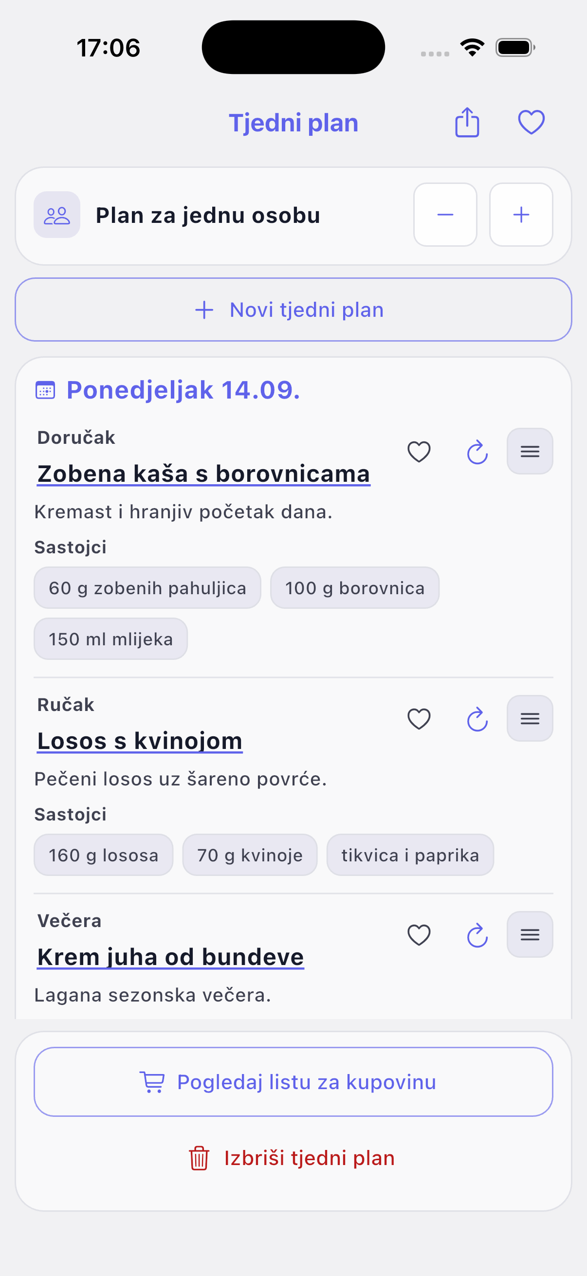 Tjedni plan obroka u Blitva aplikaciji