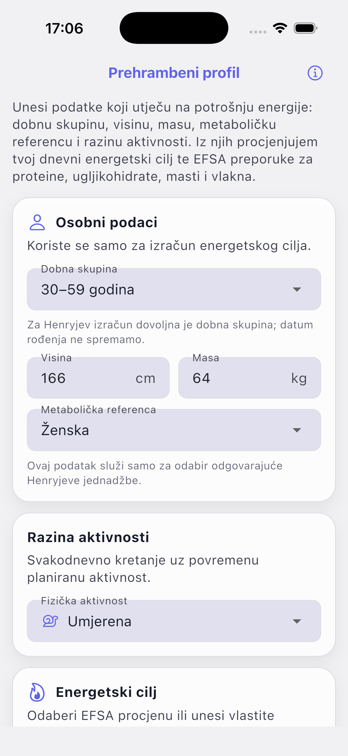 Osobni prehrambeni profil i energetski cilj
